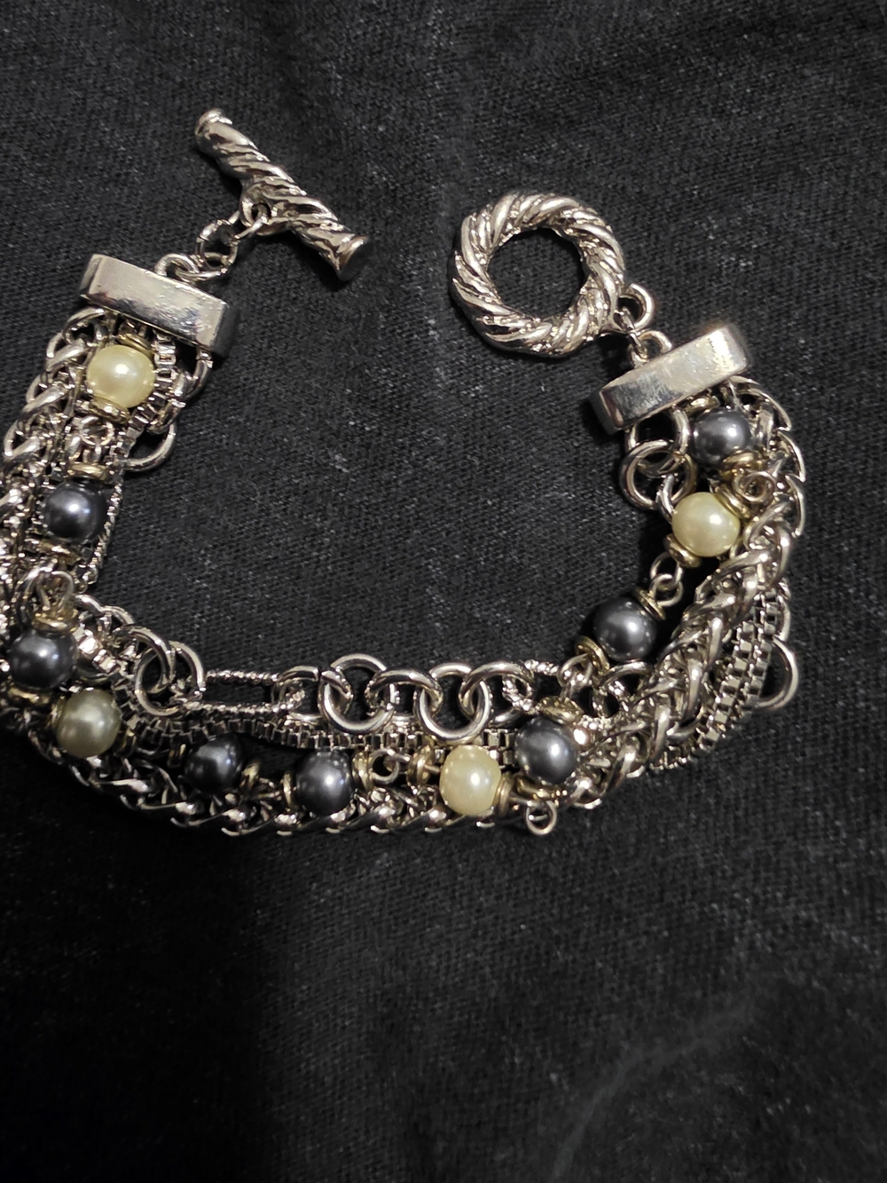 Multi-Chain Pearl Accent Bracelet in Silver and Cream - Women Jewelry